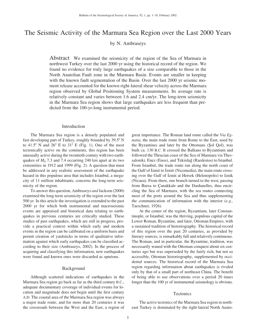 The Seismic Activity of the Marmara Sea Region Over the Last 2000 Years by N