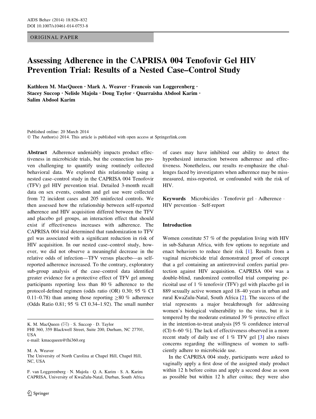 Assessing Adherence in the CAPRISA 004 Tenofovir Gel HIV Prevention Trial: Results of a Nested Case–Control Study