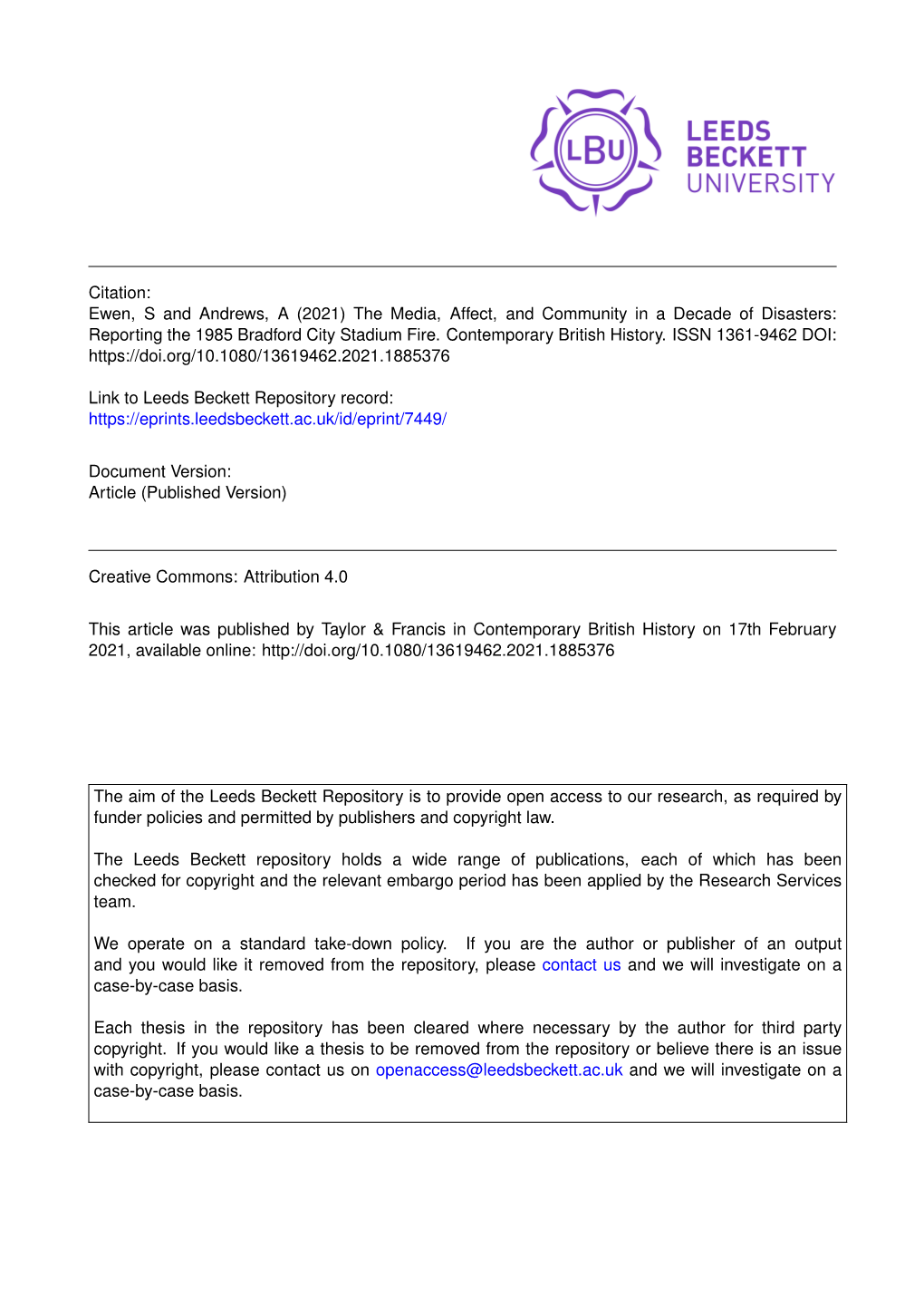 Citation: Ewen, S and Andrews, a (2021) the Media, Affect, and Community in a Decade of Disasters: Reporting the 1985 Bradford City Stadium Fire