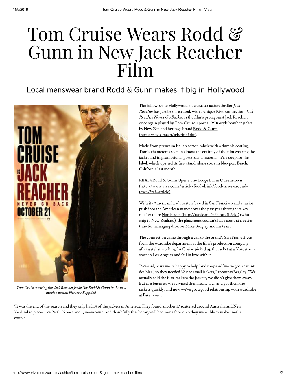 Tom Cruise Wears Rodd & Gunn in New Jack Reacher Film
