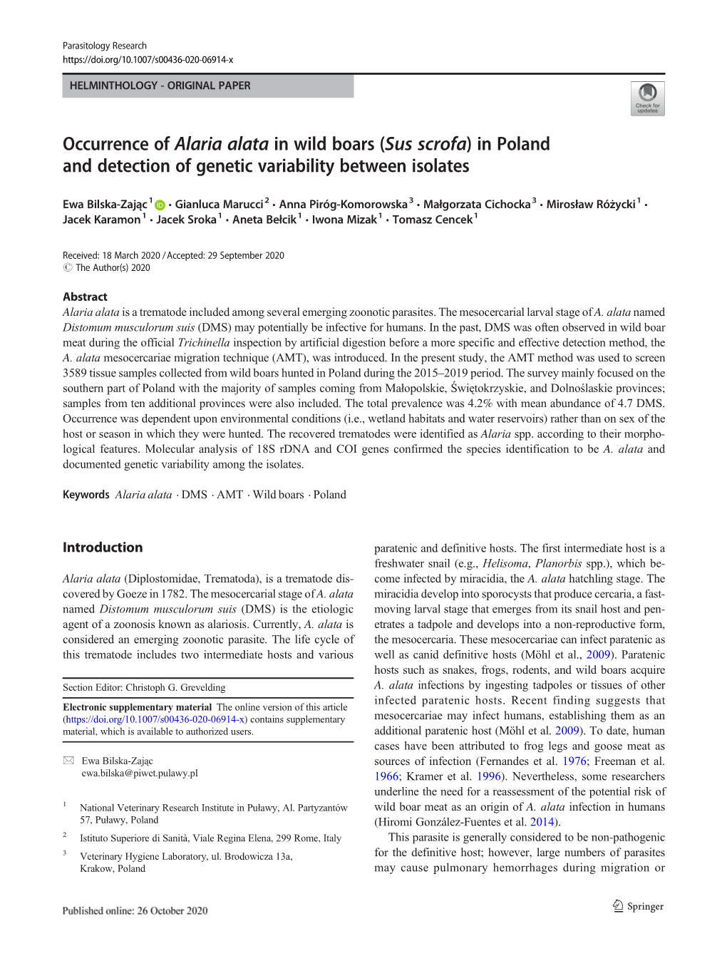 Occurrence of Alaria Alata in Wild Boars (Sus Scrofa) in Poland and Detection of Genetic Variability Between Isolates