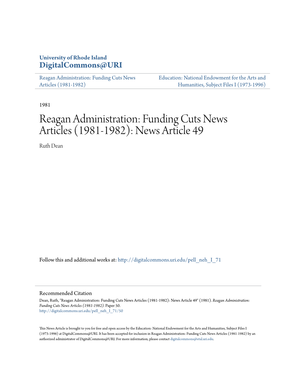 Reagan Administration: Funding Cuts News Education: National Endowment for the Arts and Articles (1981-1982) Humanities, Subject Files I (1973-1996)