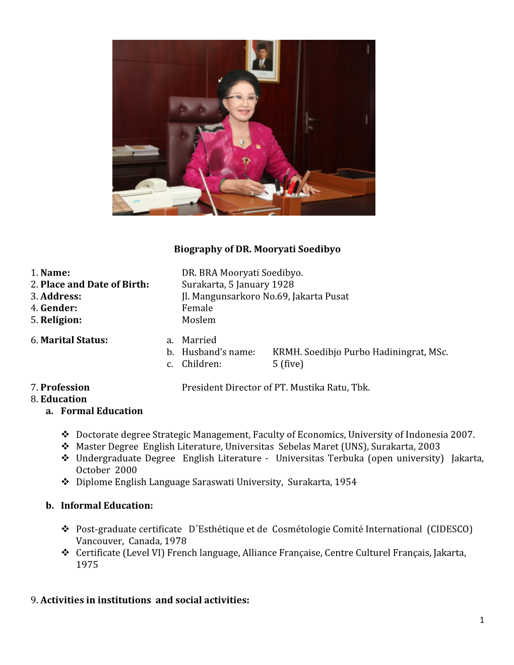 Biography of DR. Mooryati Soedibyo