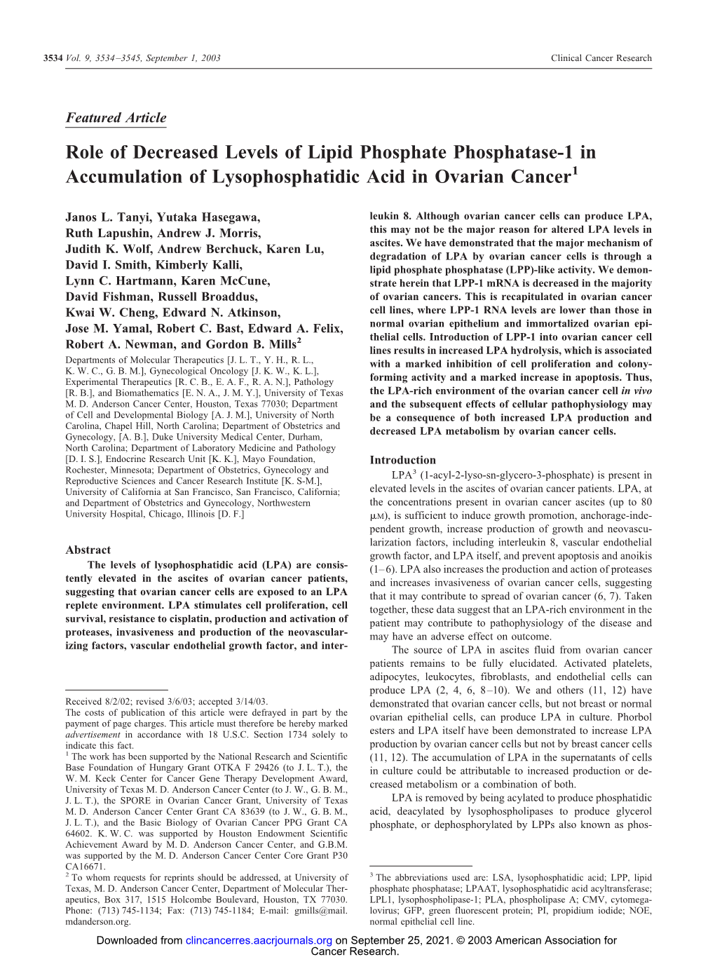 Role of Decreased Levels of Lipid Phosphate Phosphatase-1 in Accumulation of Lysophosphatidic Acid in Ovarian Cancer1