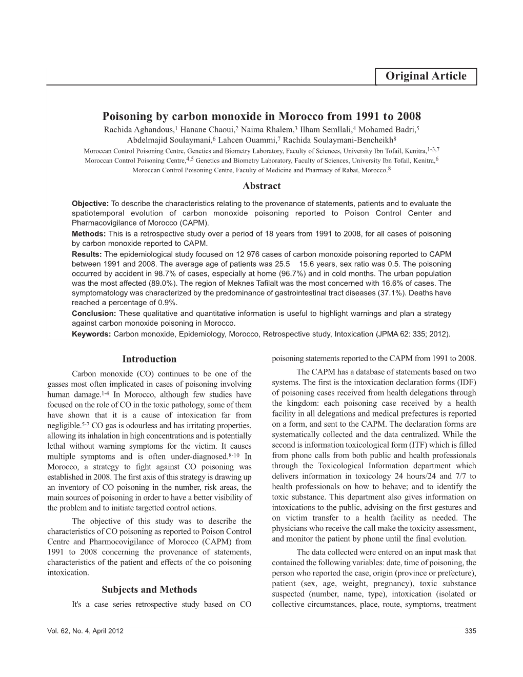 Poisoning by Carbon Monoxide in Morocco from 1991 to 2008 Original