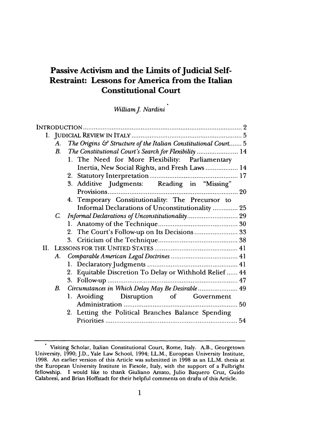 Passive Activism and the Limits of Judicial Self- Restraint: Lessons for America from the Italian Constitutional Court