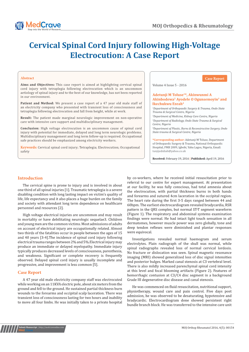 Cervical Spinal Cord Injury Following High-Voltage Electrocution: a Case Report