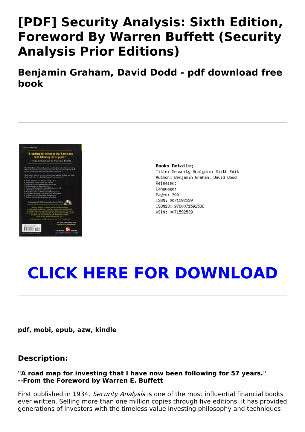 PDF Security Analysis: Sixth Edition, Foreword by Warren Buffett