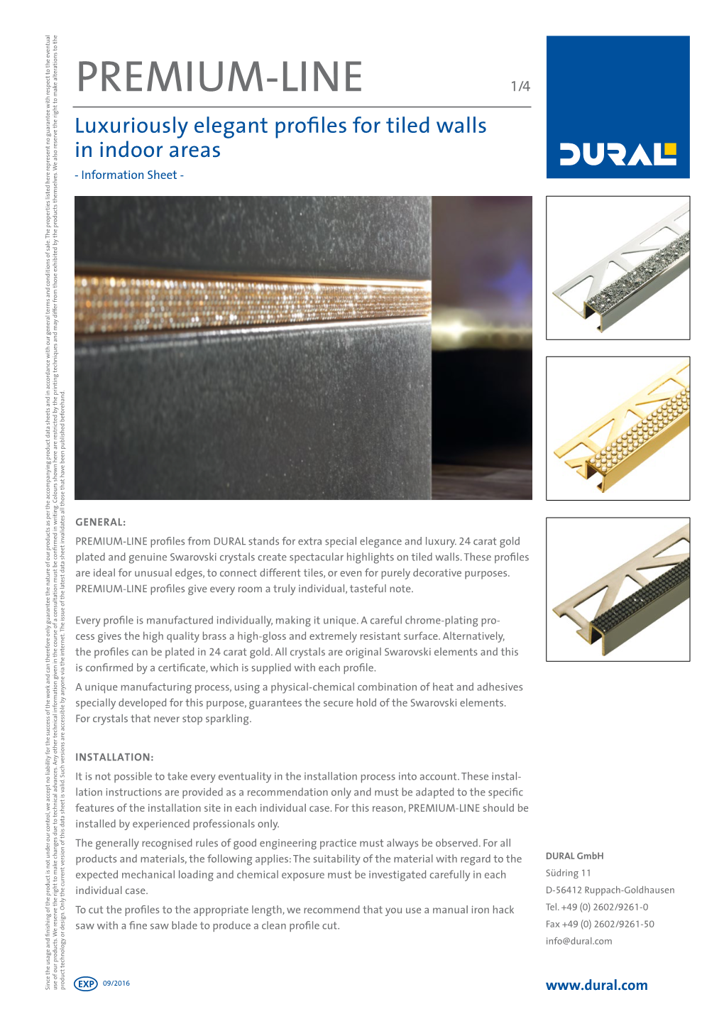 PREMIUM-LINE 1/4 Luxuriously Elegant Profiles for Tiled Walls in Indoor Areas - Information Sheet