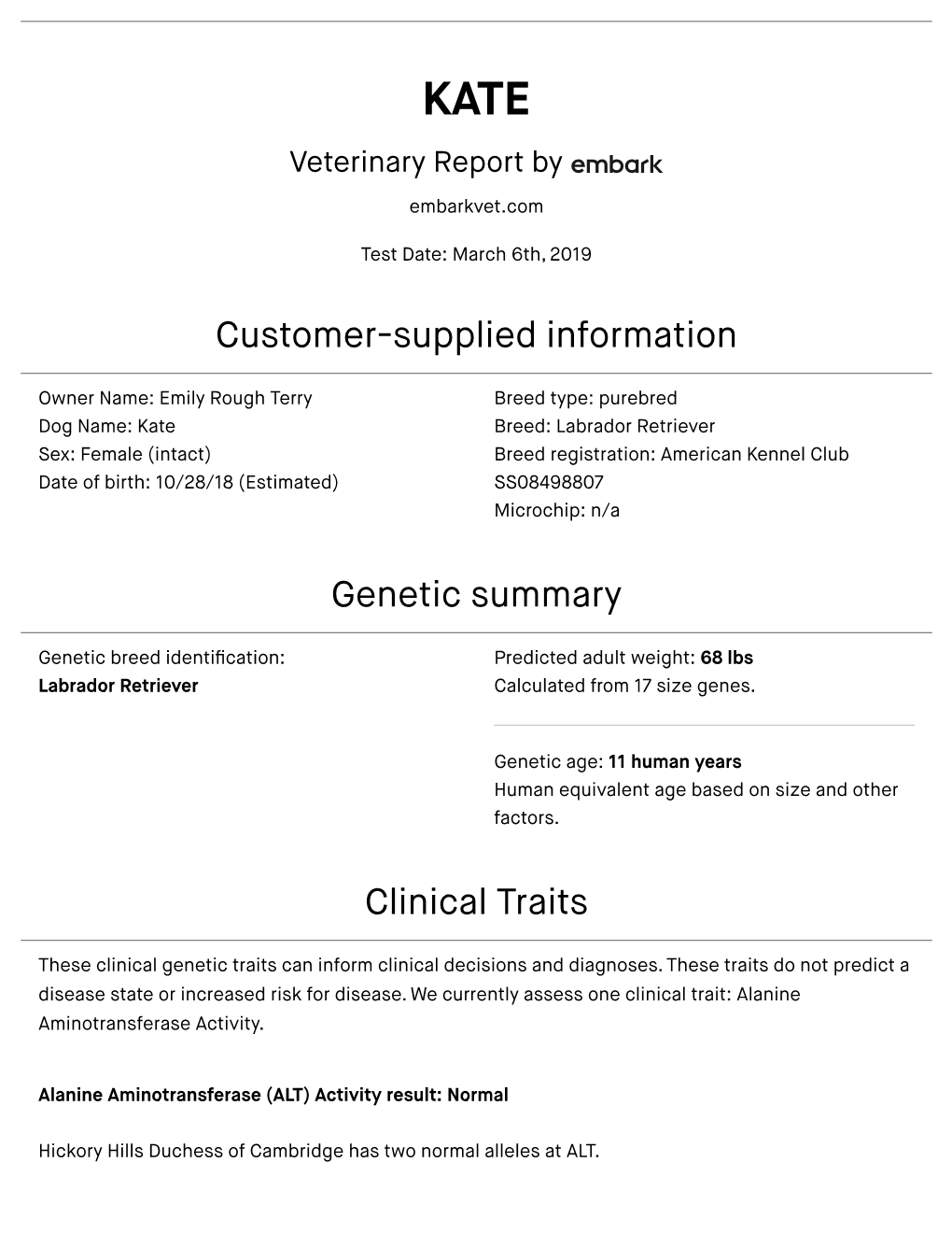 Customer-Supplied Information Genetic Summary Clinical Traits