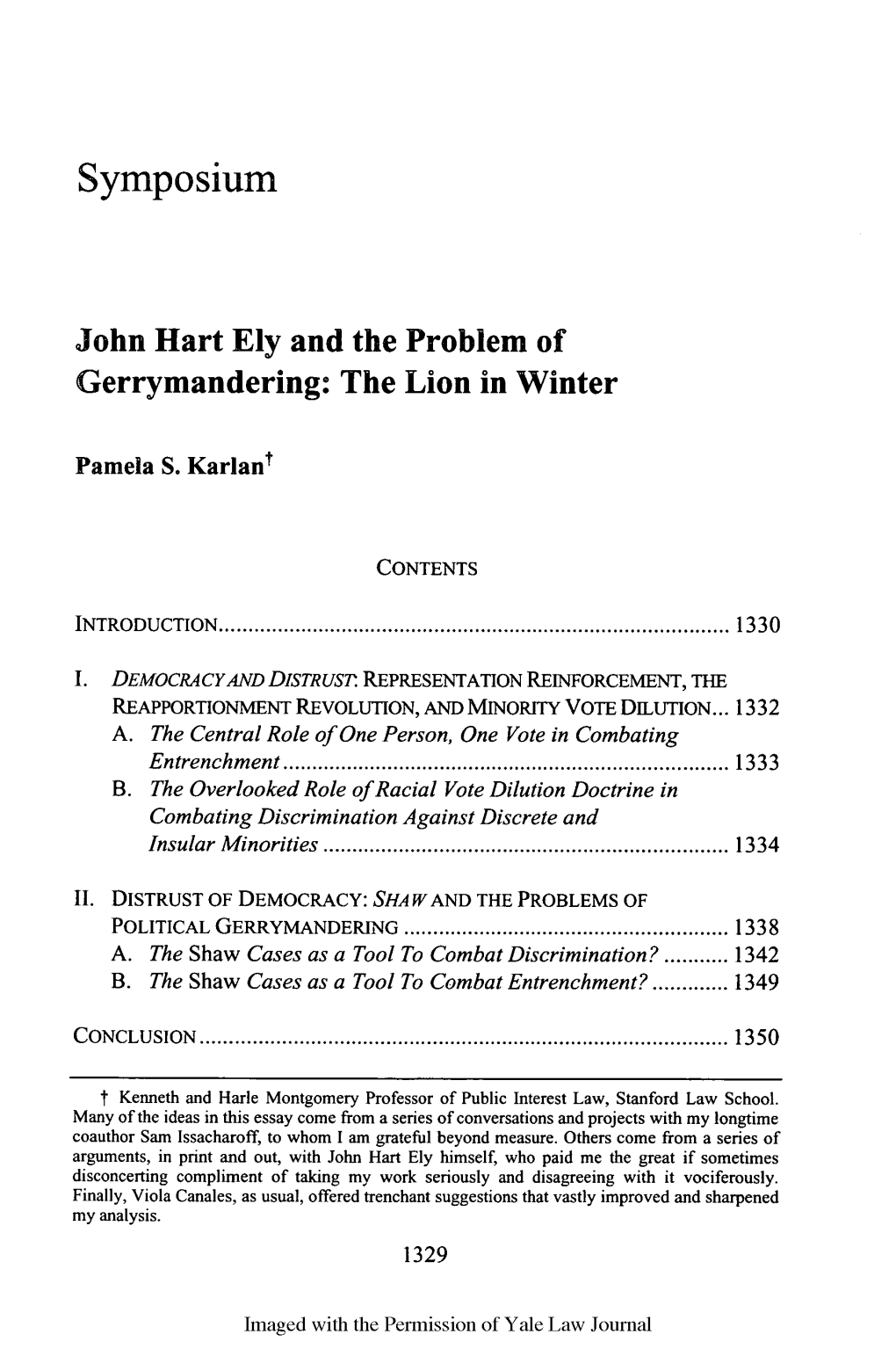 John Hart Ely and the Problem of Gerrymandering: the Lion in Winter