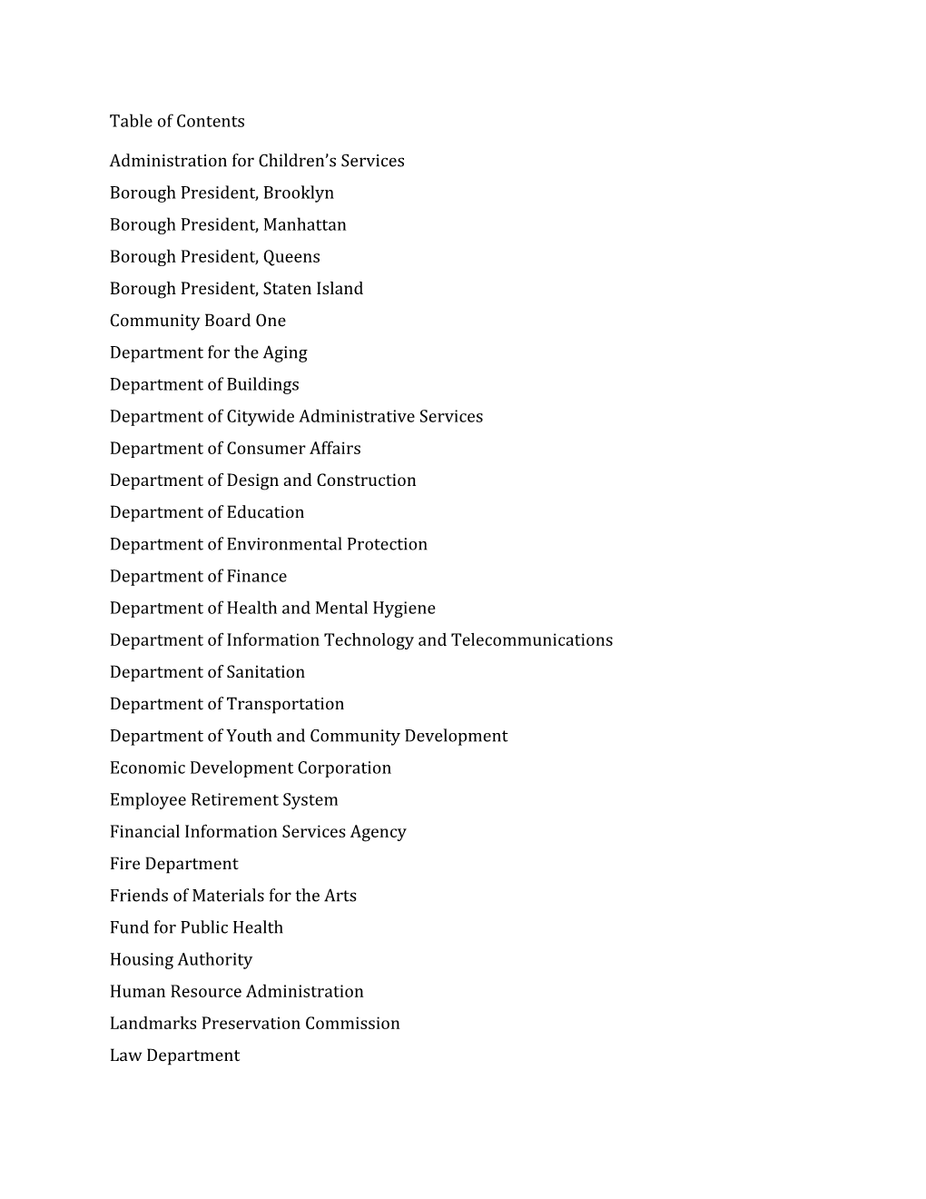 Table of Contents Administration for Children's Services Borough