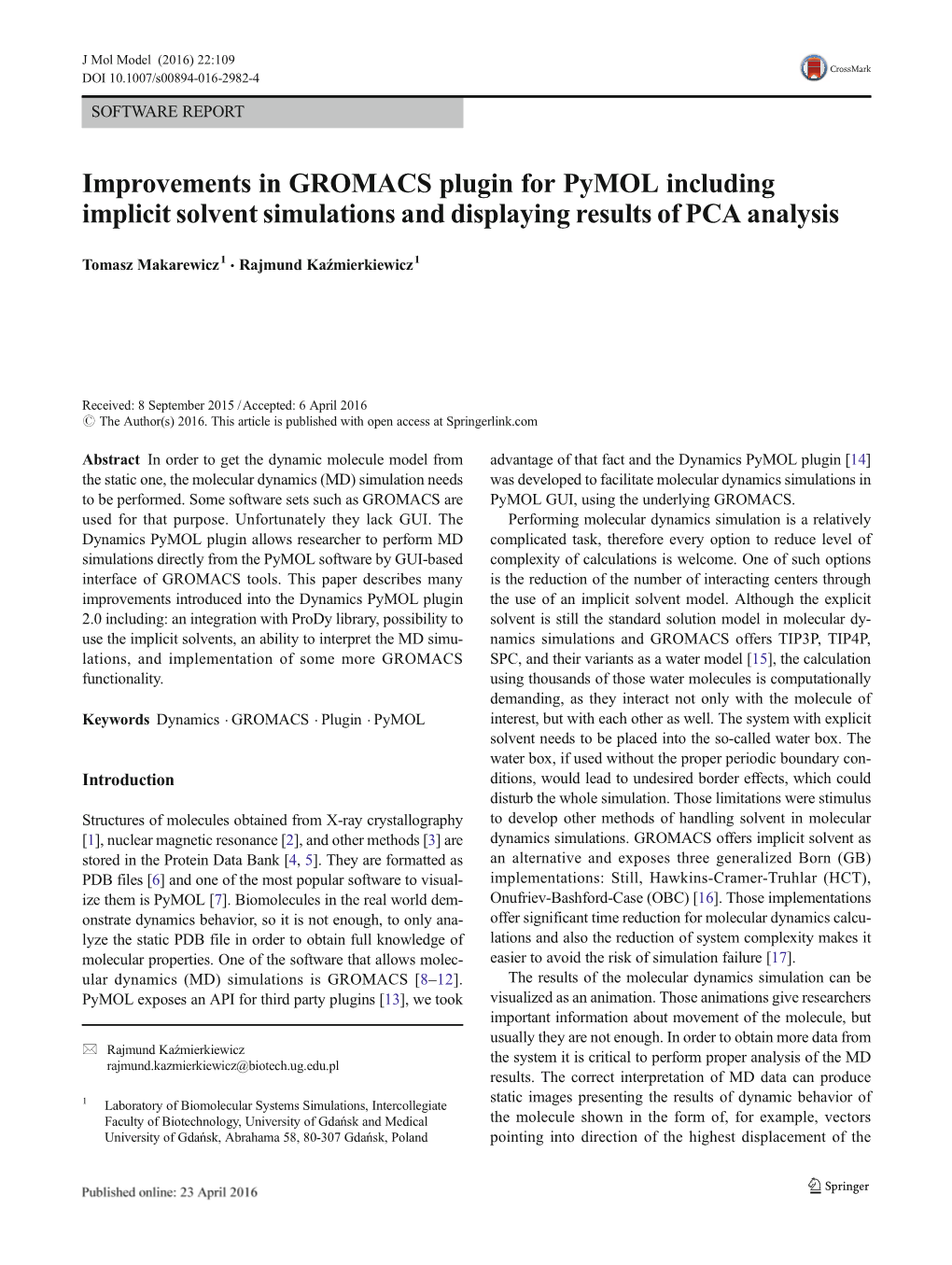 Improvements in GROMACS Plugin for Pymol Including Implicit Solvent Simulations and Displaying Results of PCA Analysis