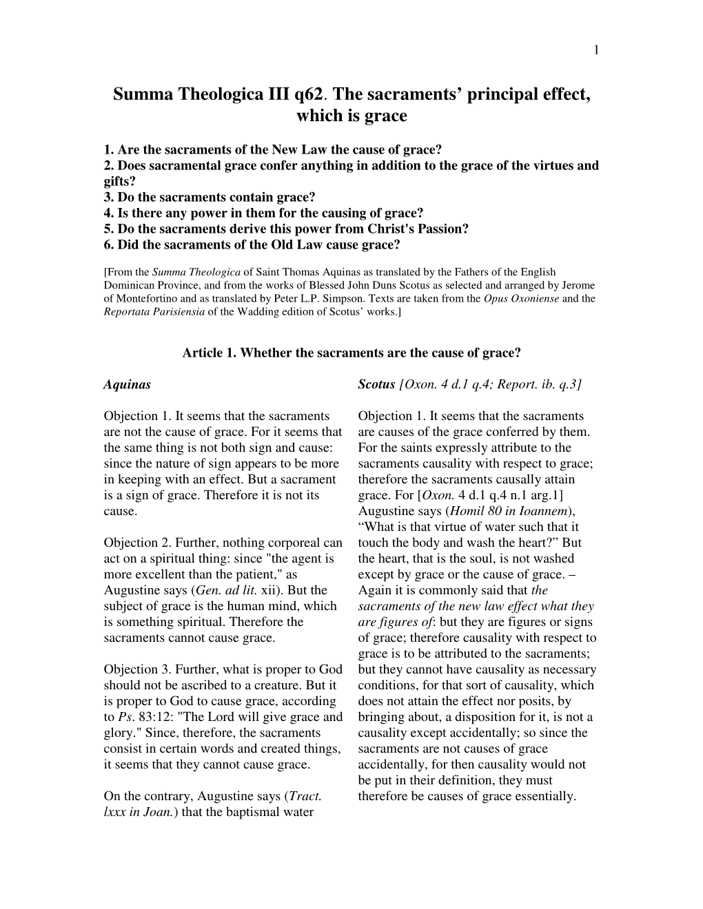 Summa Theologica III Q62. the Sacraments' Principal Effect, Which