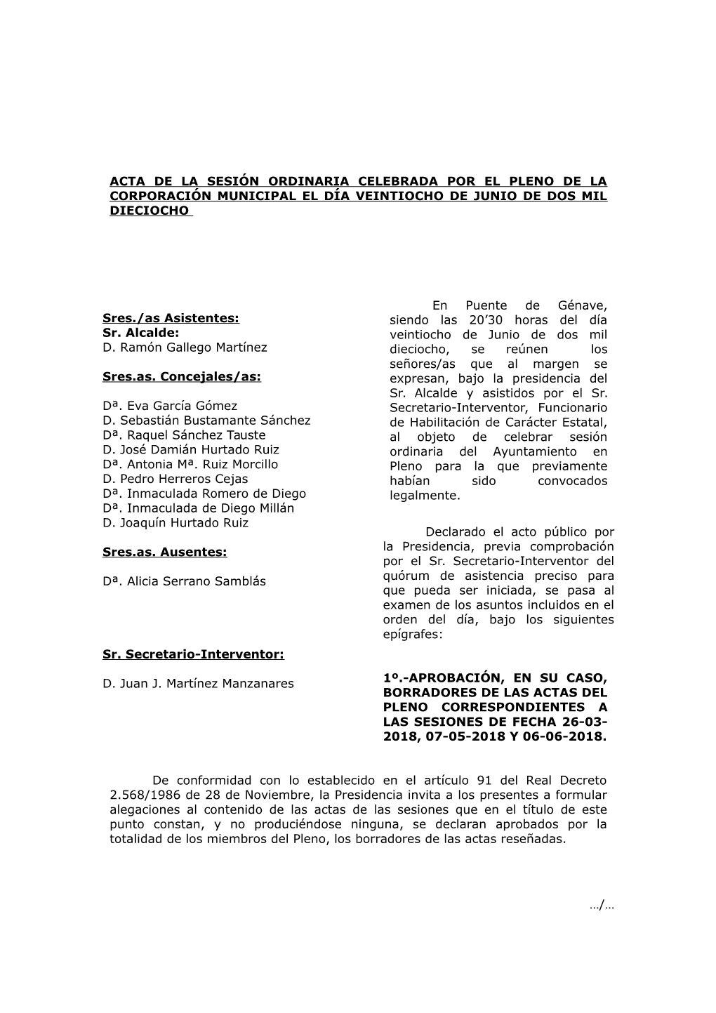 Acta De La Sesión Ordinaria Celebrada Por El Pleno De La Corporación Municipal El Día Veintiocho De Junio De Dos Mil Dieciocho