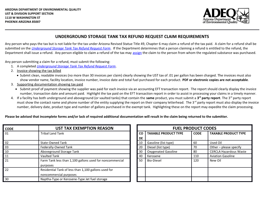 Underground Storage Tank Tax Refund Request Claim Requirements