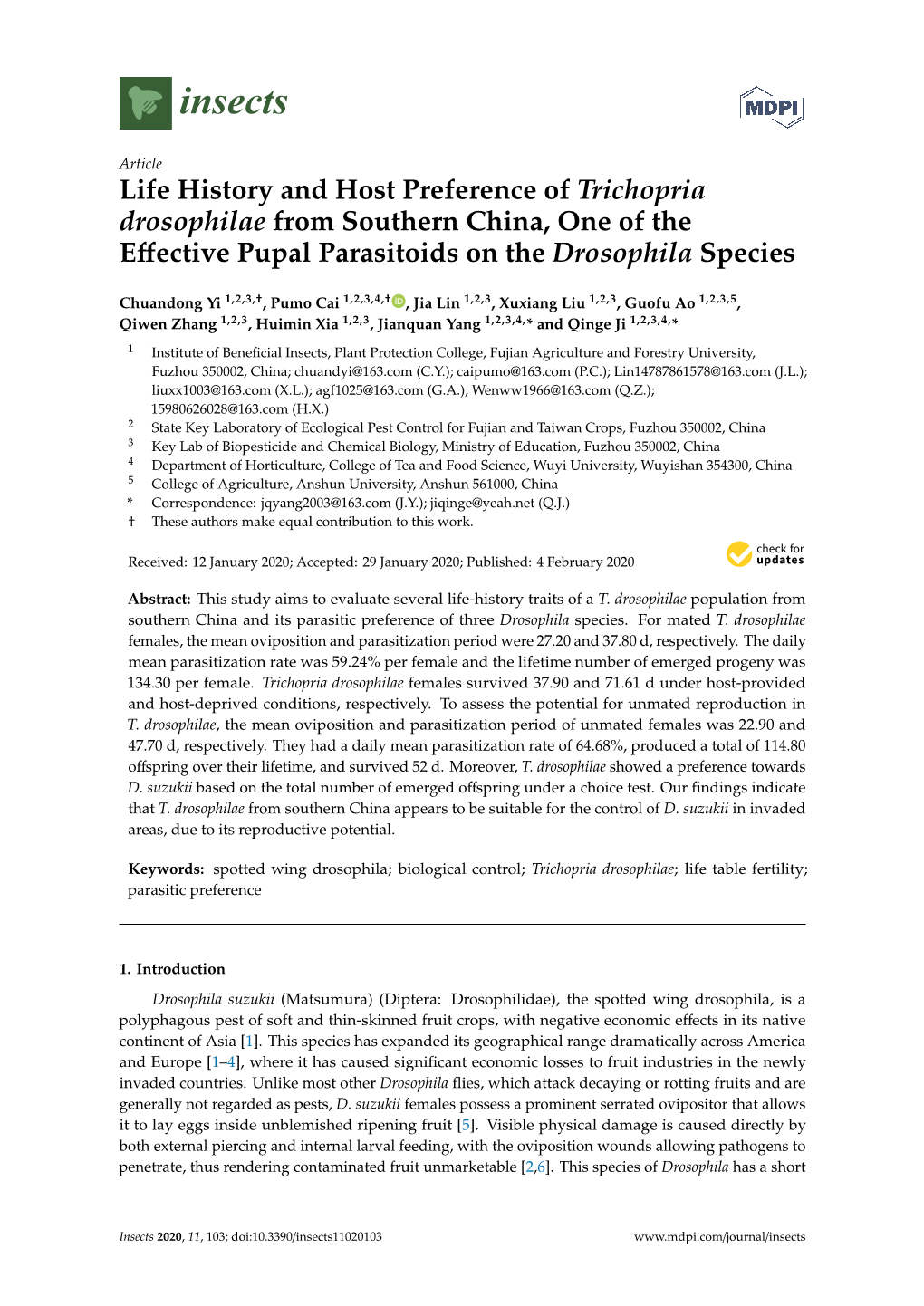 Life History and Host Preference of Trichopria Drosophilae from Southern China, One of the Effective Pupal Parasitoids on the Dr