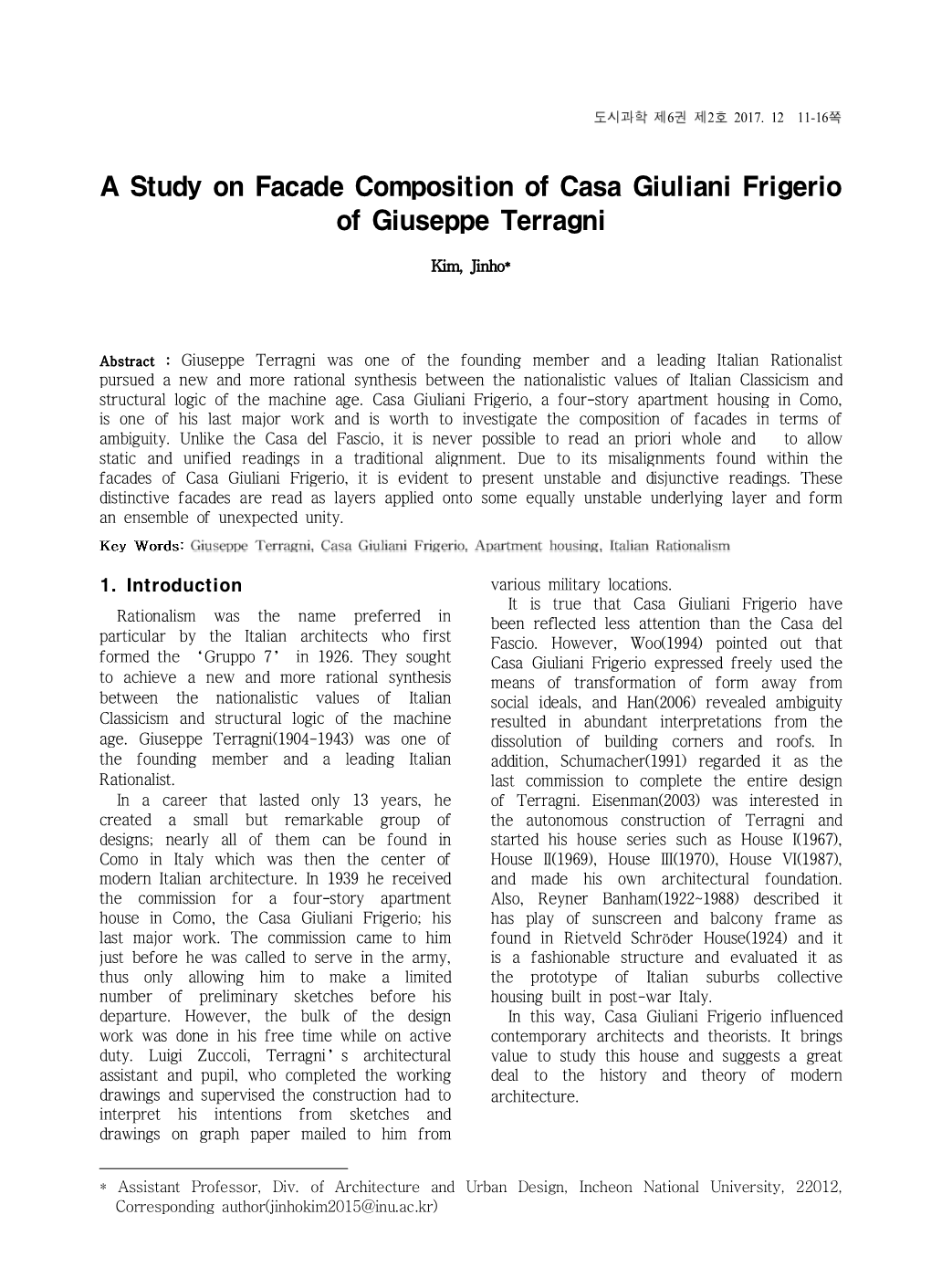 A Study on Facade Composition of Casa Giuliani Frigerio of Giuseppe Terragni