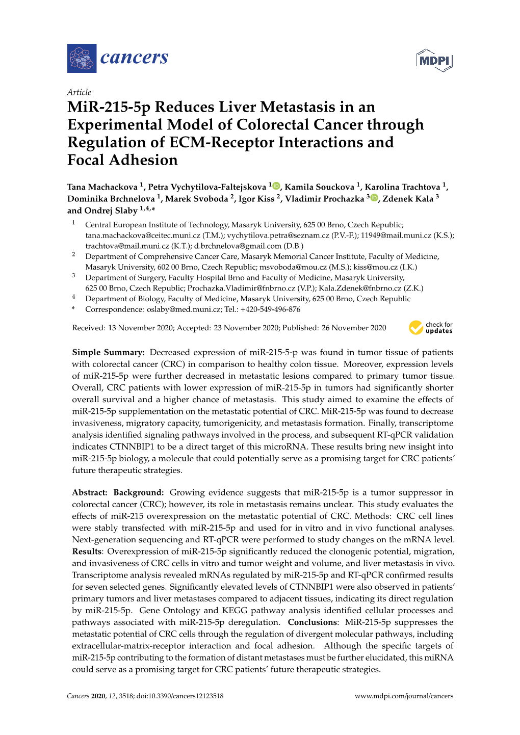 Mir-215-5P Reduces Liver Metastasis in an Experimental Model of Colorectal Cancer Through Regulation of ECM-Receptor Interactions and Focal Adhesion