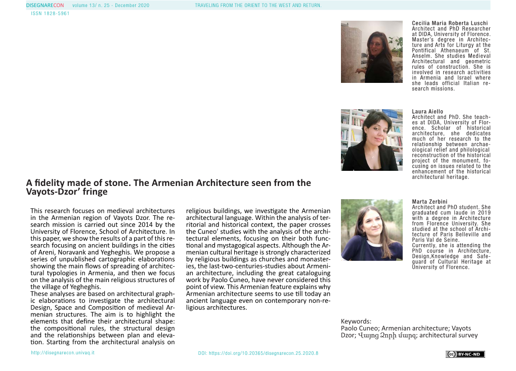 A Fidelity Made of Stone. the Armenian Architecture Seen from the Vayots-Dzor’ Fringe Marta Zerbini Architect and Phd Student