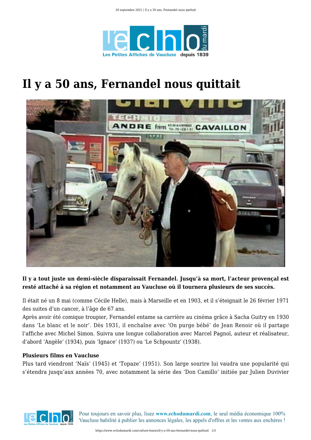 Il Y a 50 Ans, Fernandel Nous Quittait