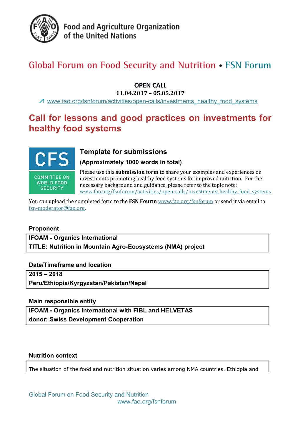 Call for Lessons and Good Practices on Investments for Healthy Food Systems