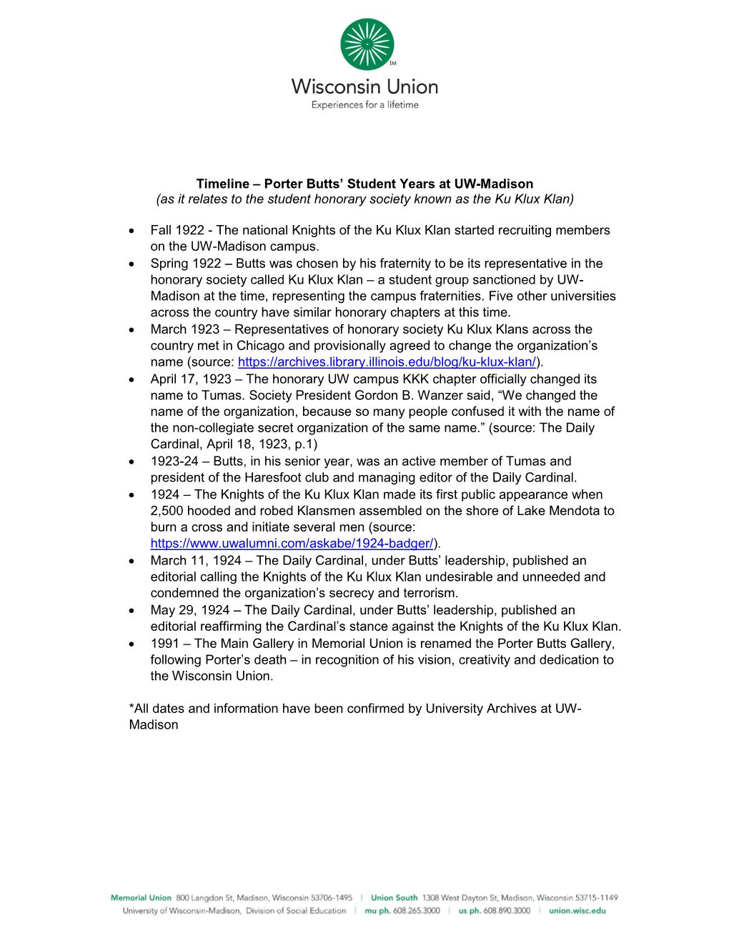 Timeline – Porter Butts' Student Years at UW-Madison (As It Relates to the Student Honorary Society Known As the Ku Klux Kl