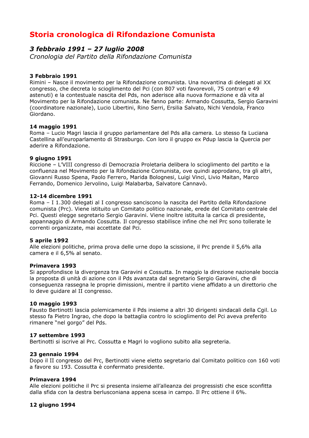 Storia Cronologica Di Rifondazione Comunista (1991-2008)