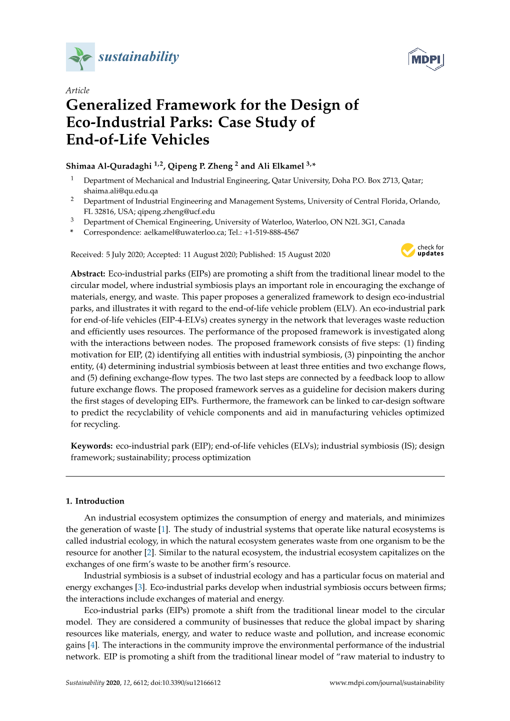 Generalized Framework for the Design of Eco-Industrial Parks: Case Study of End-Of-Life Vehicles