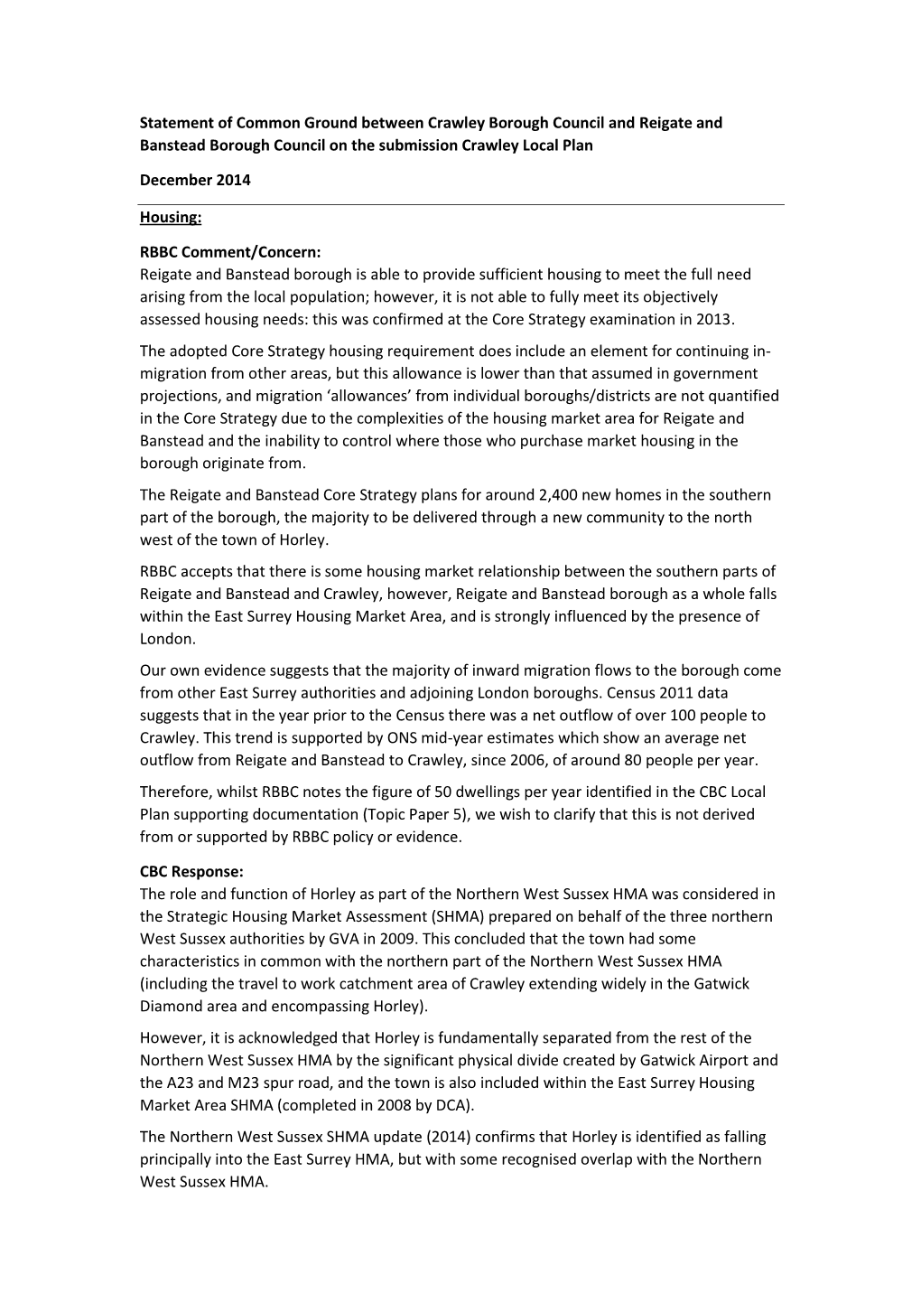 Statement of Common Ground Between Crawley Borough Council and Reigate and Banstead Borough Council on the Submission Crawley Local Plan