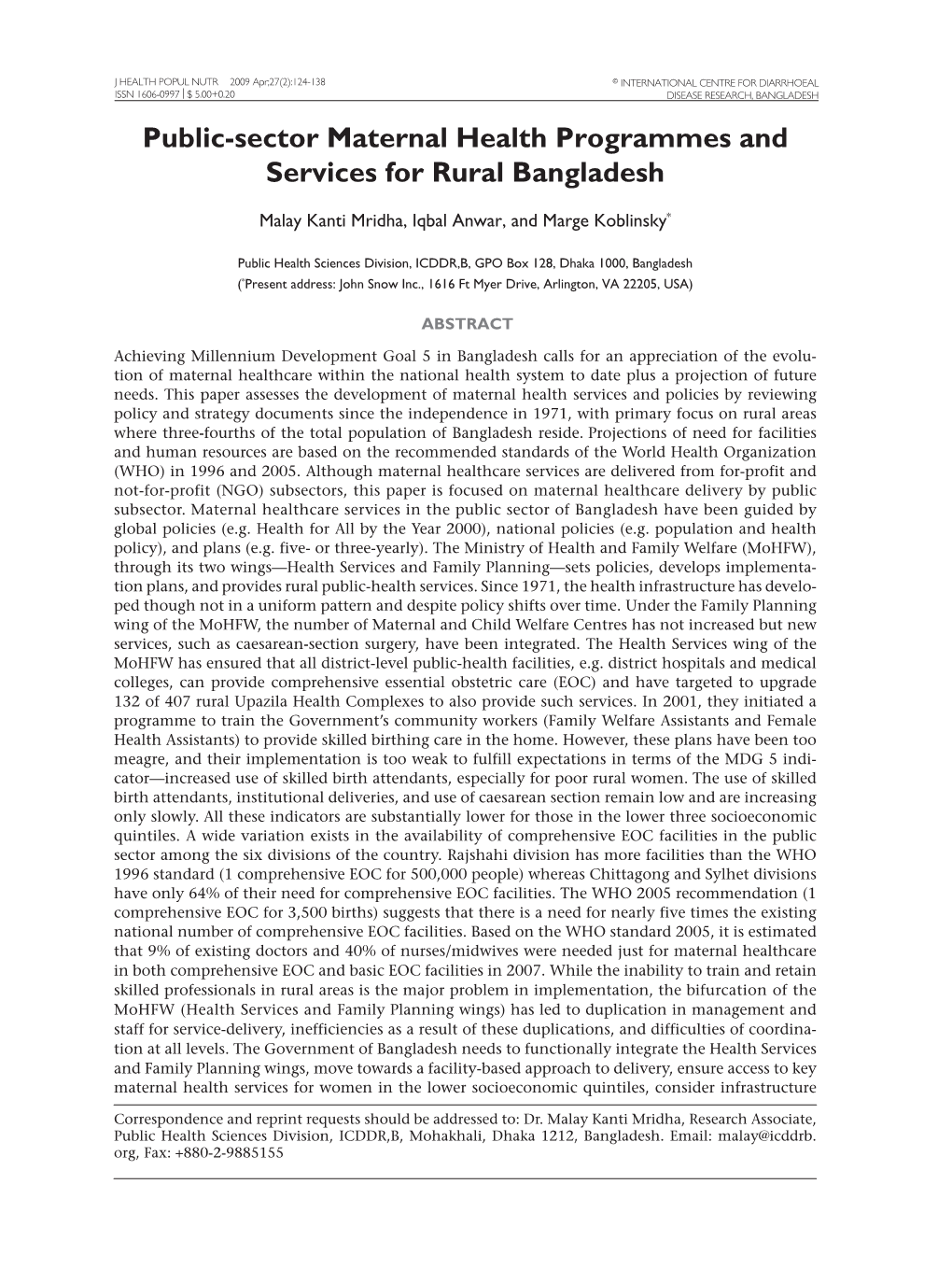 Public-Sector Maternal Health Programmes and Services for Rural Bangladesh