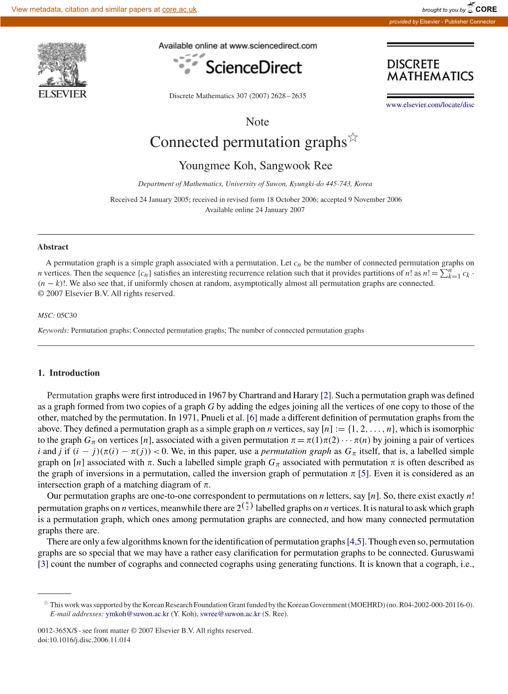 Connected Permutation Graphsଁ Youngmee Koh, Sangwook Ree