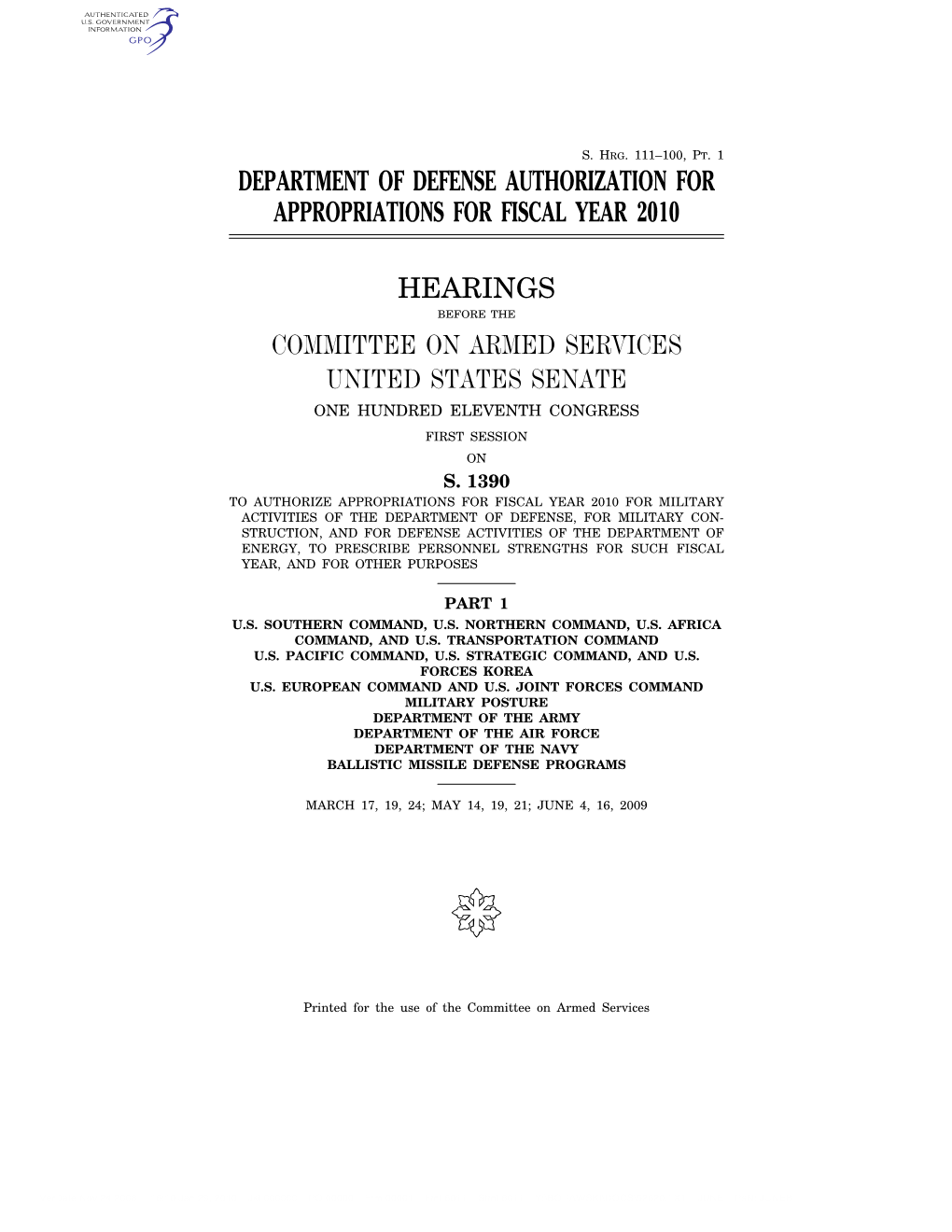 Department of Defense Authorization for Appropriations for Fiscal Year 2010