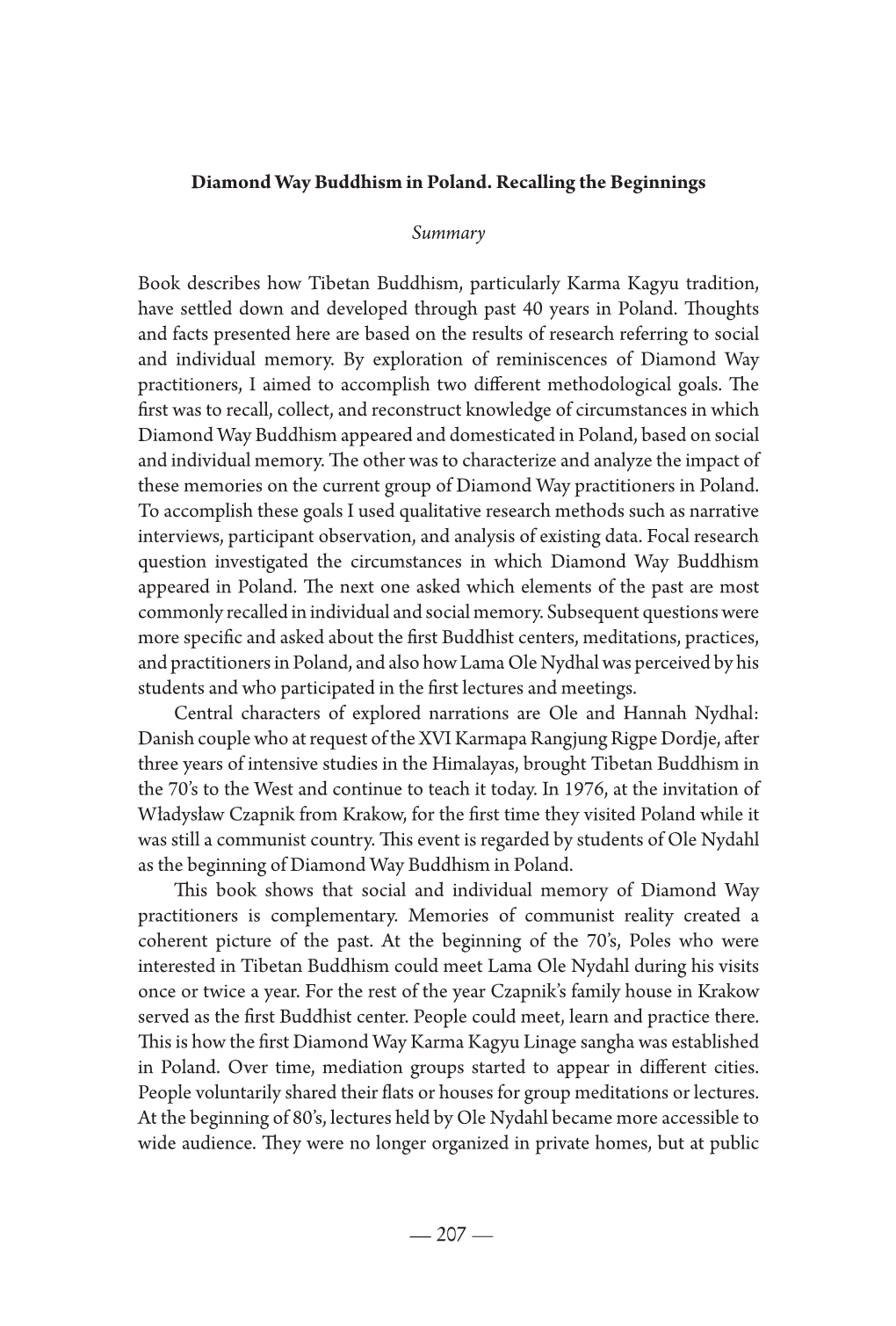 Diamond Way Buddhism in Poland. Recalling the Beginnings Summary Book Describes How Tibetan Buddhism, Particularly Karma Kagyu T