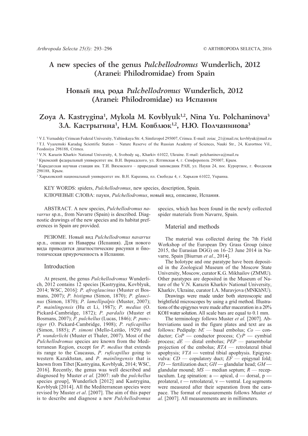 A New Species of the Genus Pulchellodromus Wunderlich, 2012 (Aranei: Philodromidae) from Spain