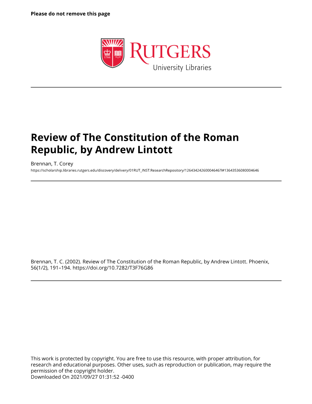 Review of the Constitution of the Roman Republic, by Andrew Lintott