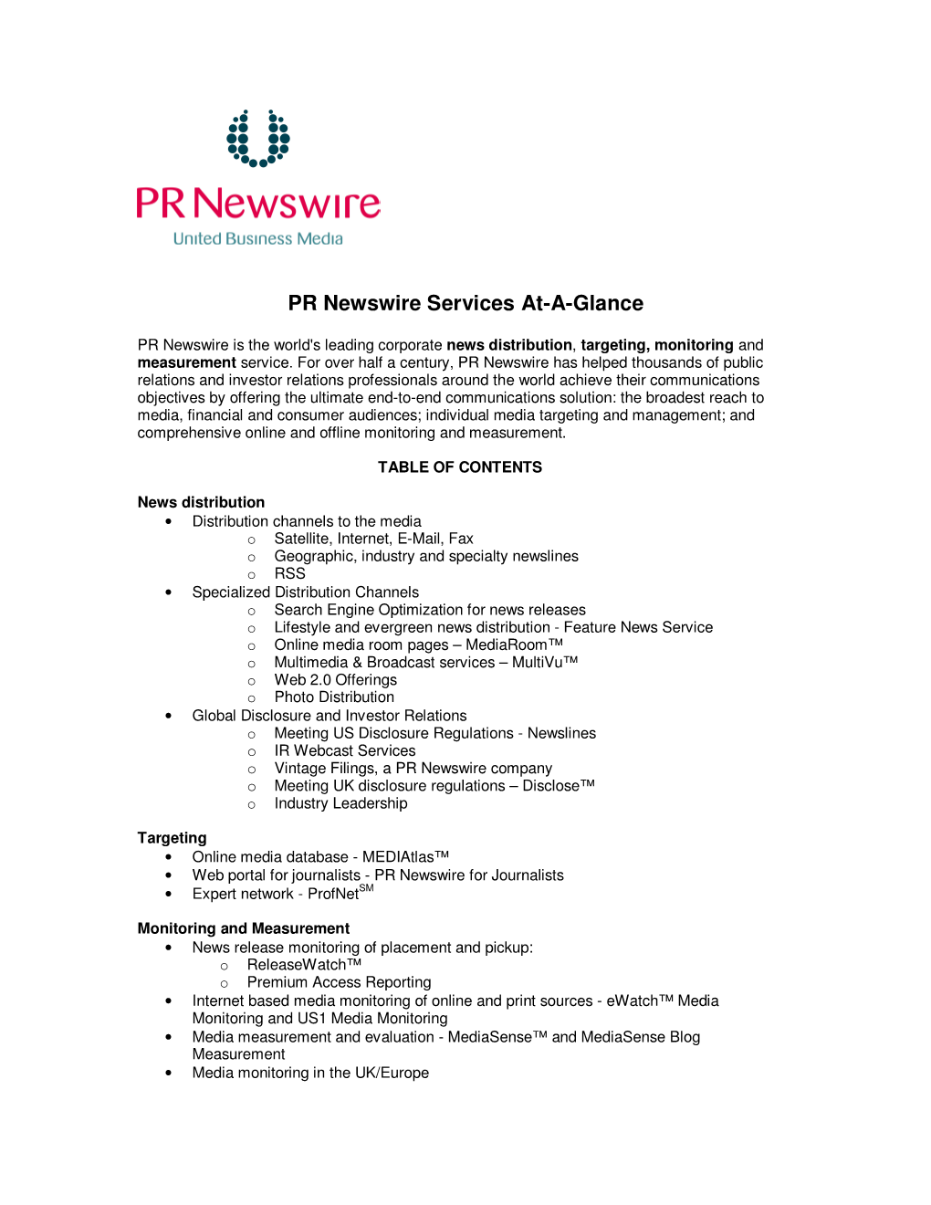 PR Newswire Services At-A-Glance