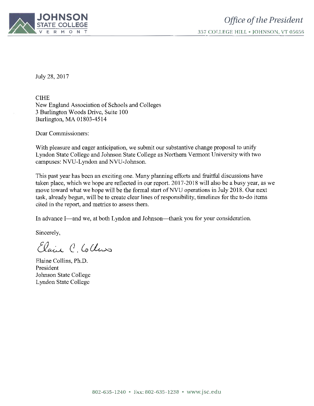 Substantive Change Request to Unify Johnson State College and Lyndon