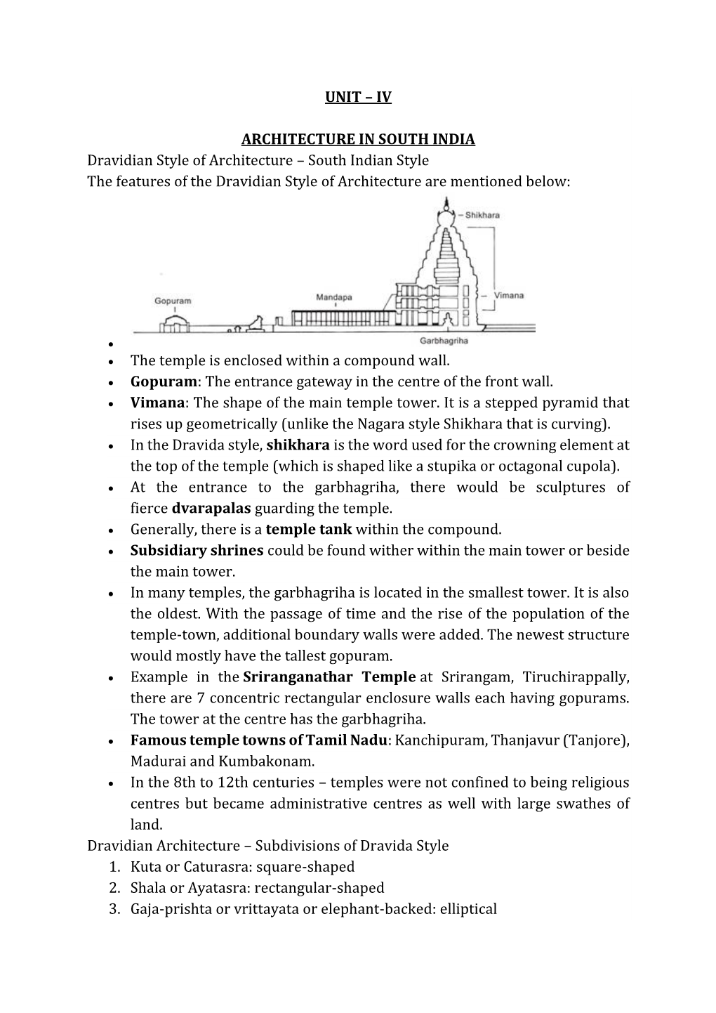 UNIT – IV ARCHITECTURE in SOUTH INDIA Dravidian Style Of