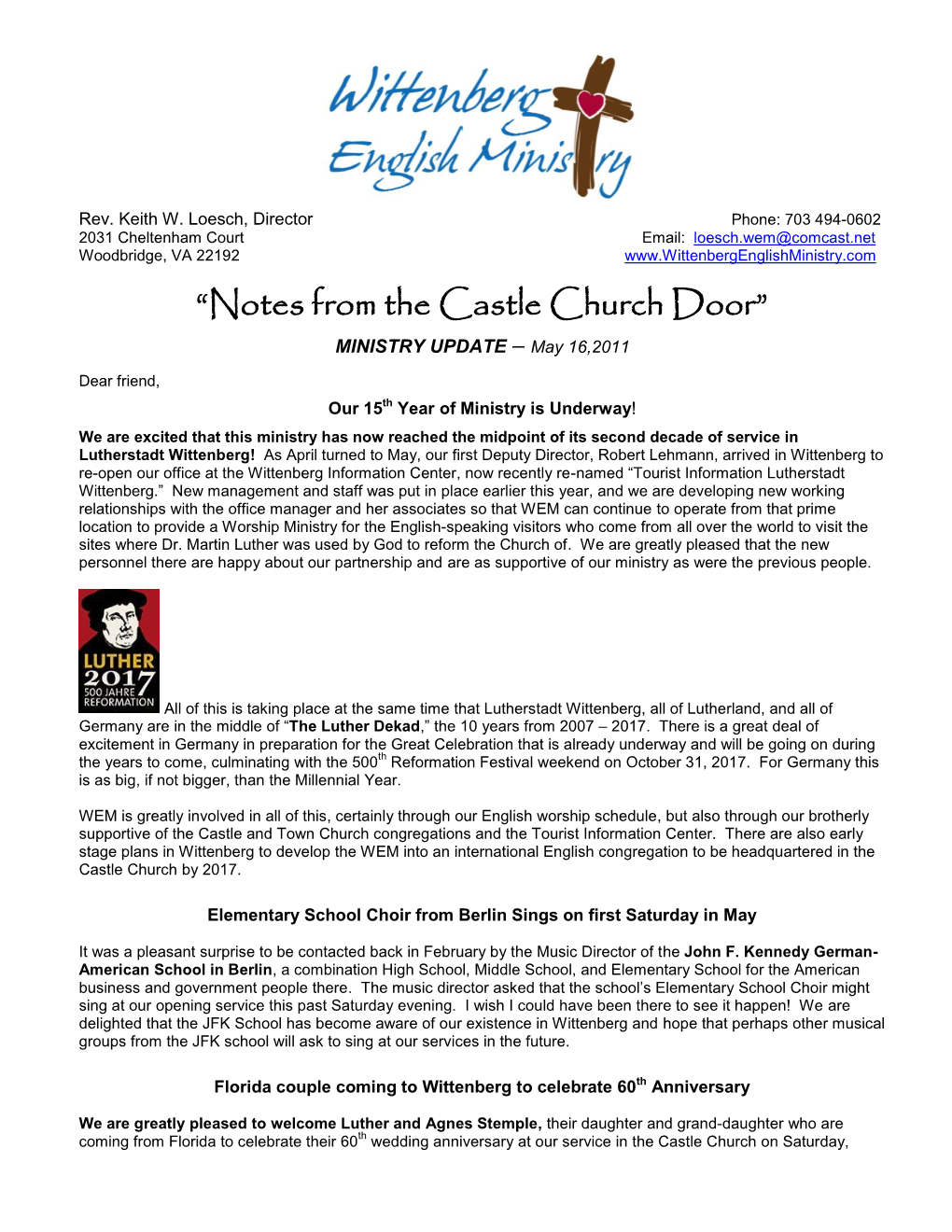 “Notes from the Castle Church Door” MINISTRY UPDATE – May 16,2011