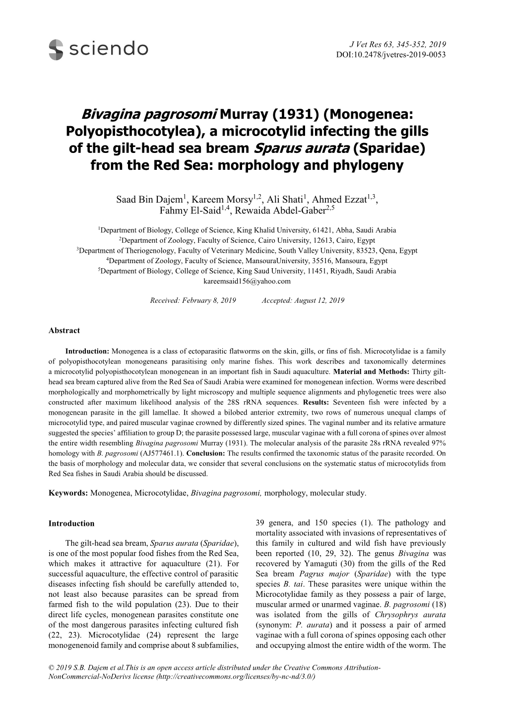 Monogenea: Polyopisthocotylea), a Microcotylid Infecting the Gills of the Gilt-Head Sea Bream Sparus Aurata (Sparidae) from the Red Sea: Morphology and Phylogeny