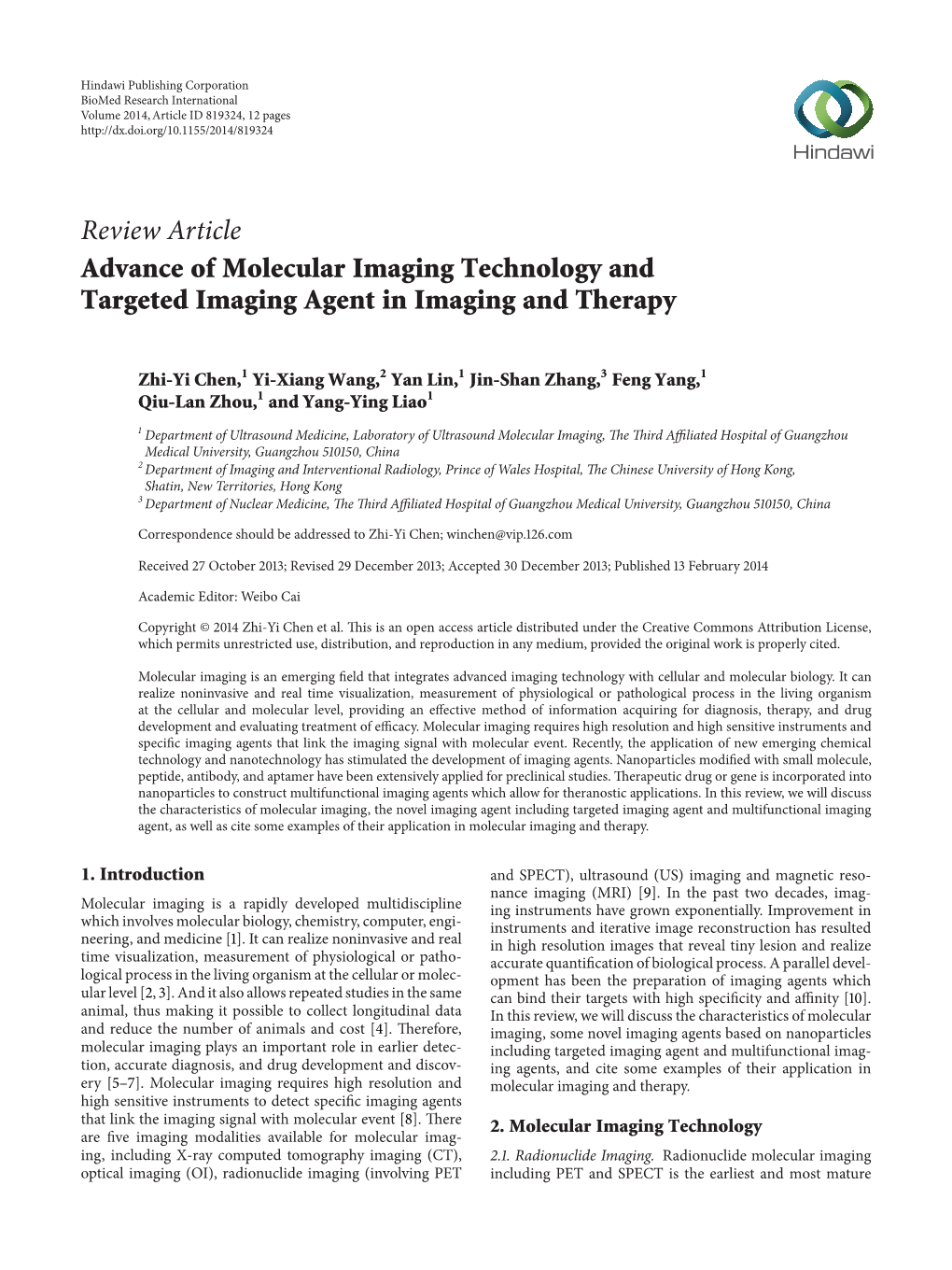 Review Article Advance of Molecular Imaging Technology and Targeted Imaging Agent in Imaging and Therapy