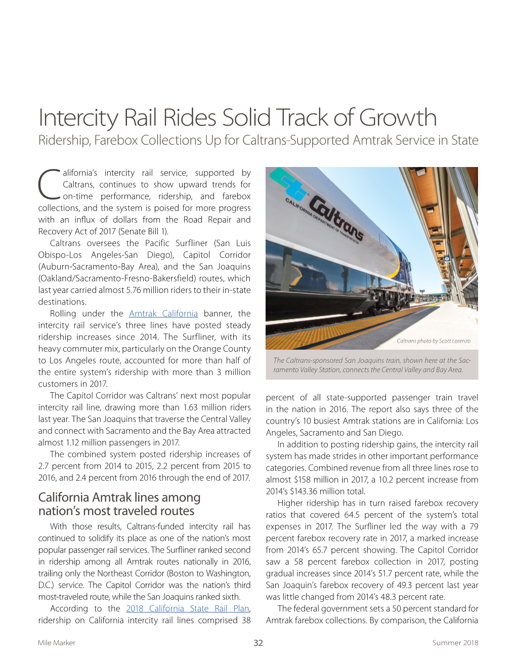 Intercity Rail Rides Solid Track of Growth Ridership, Farebox Collections up for Caltrans-Supported Amtrak Service in State