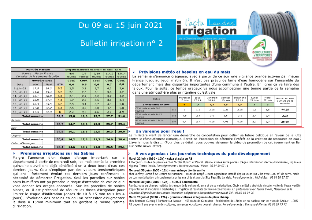 Du 09 Au 15 Juin 2021 Bulletin Irrigation N° 2