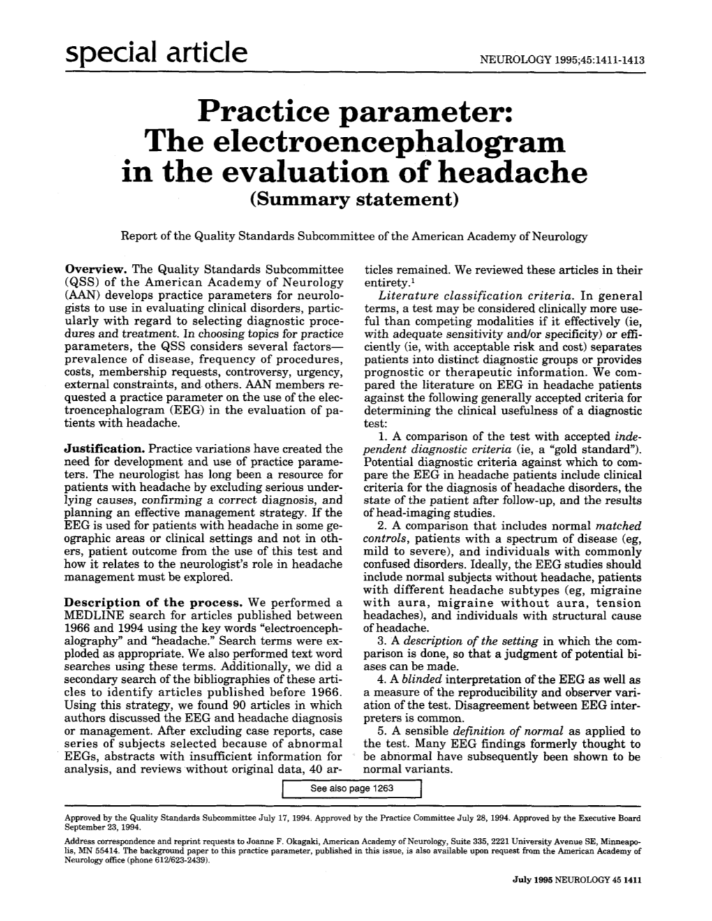 Special Article NEUROLOGY 1995;45:1411-1413 Practice Parameter: the Electroencephalogram in the Evaluation of Headache (Summary Statement)
