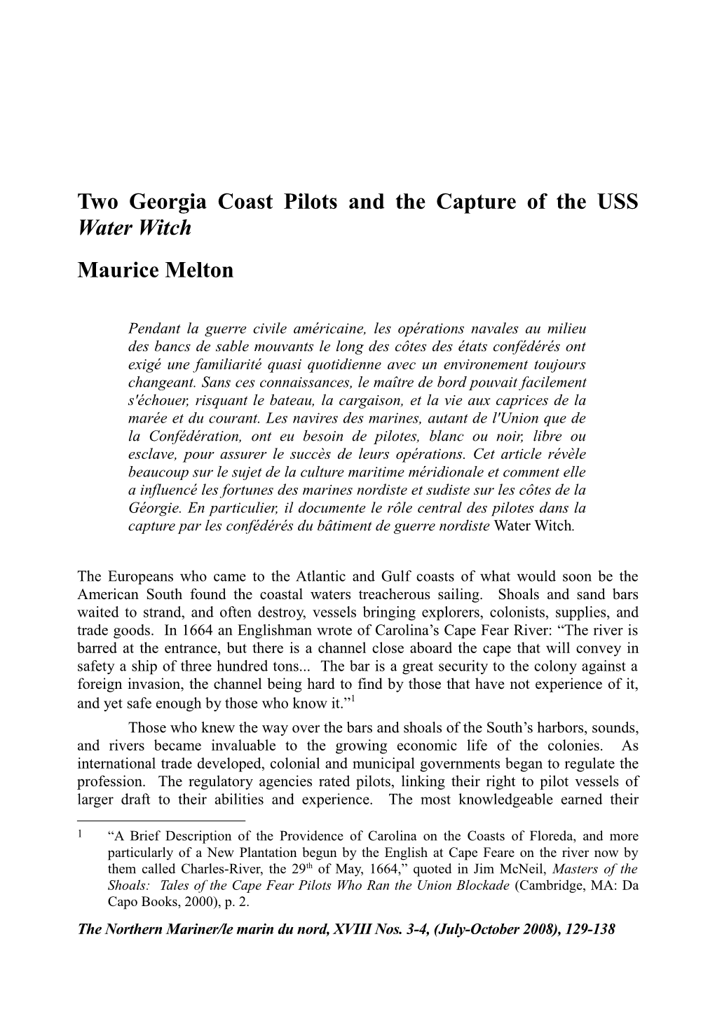 Two Georgia Coast Pilots and the Capture of the USS Water Witch Maurice Melton