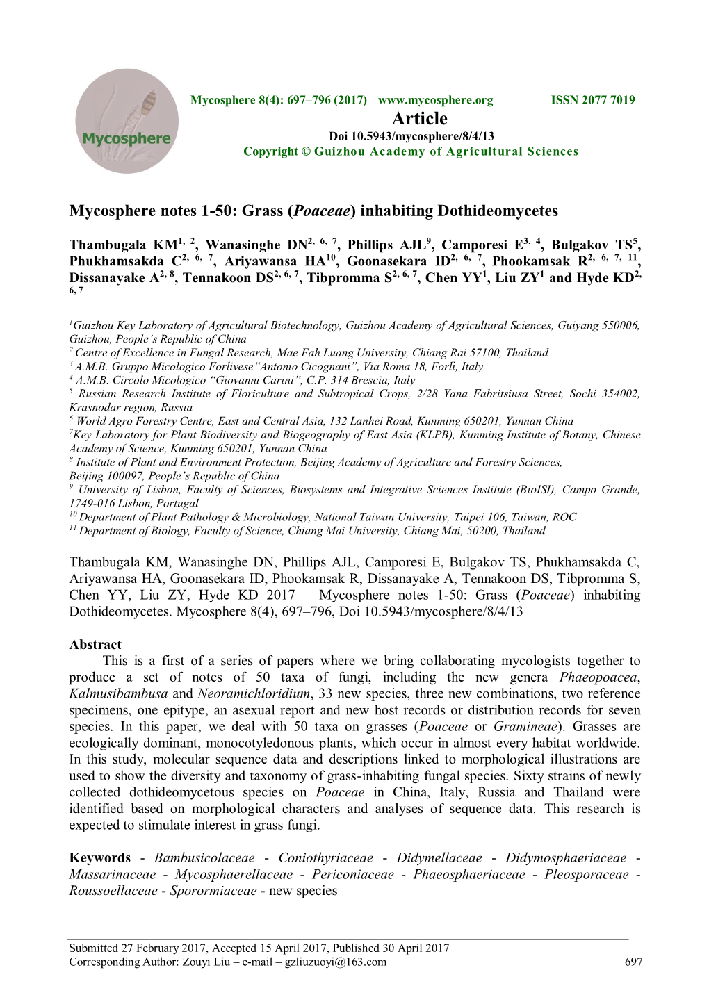 Article Doi 10.5943/Mycosphere/8/4/13 Copyright © Guizhou Academy of Agricultural Sciences