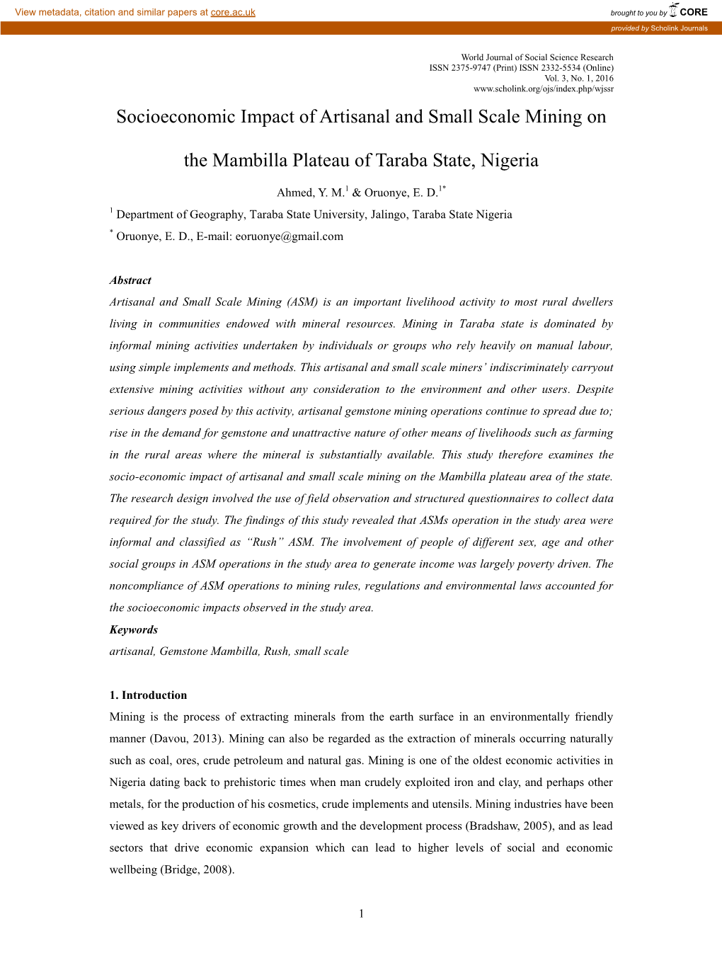 Socioeconomic Impact of Artisanal and Small Scale Mining On