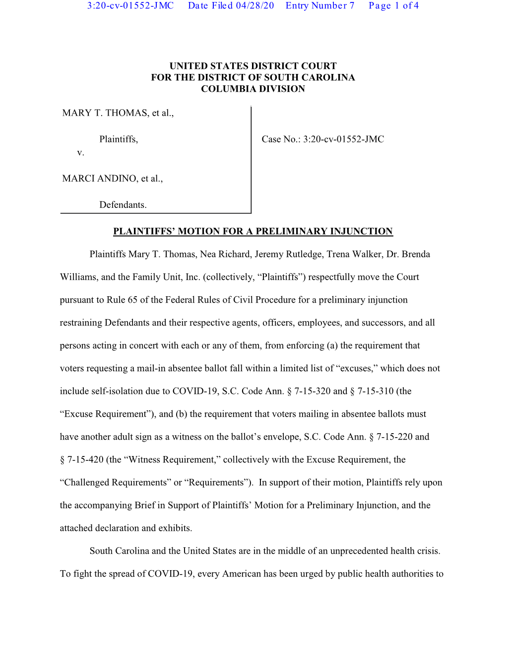 3:20-Cv-01552-JMC Date Filed 04/28/20 Entry Number 7 Page 1 of 4