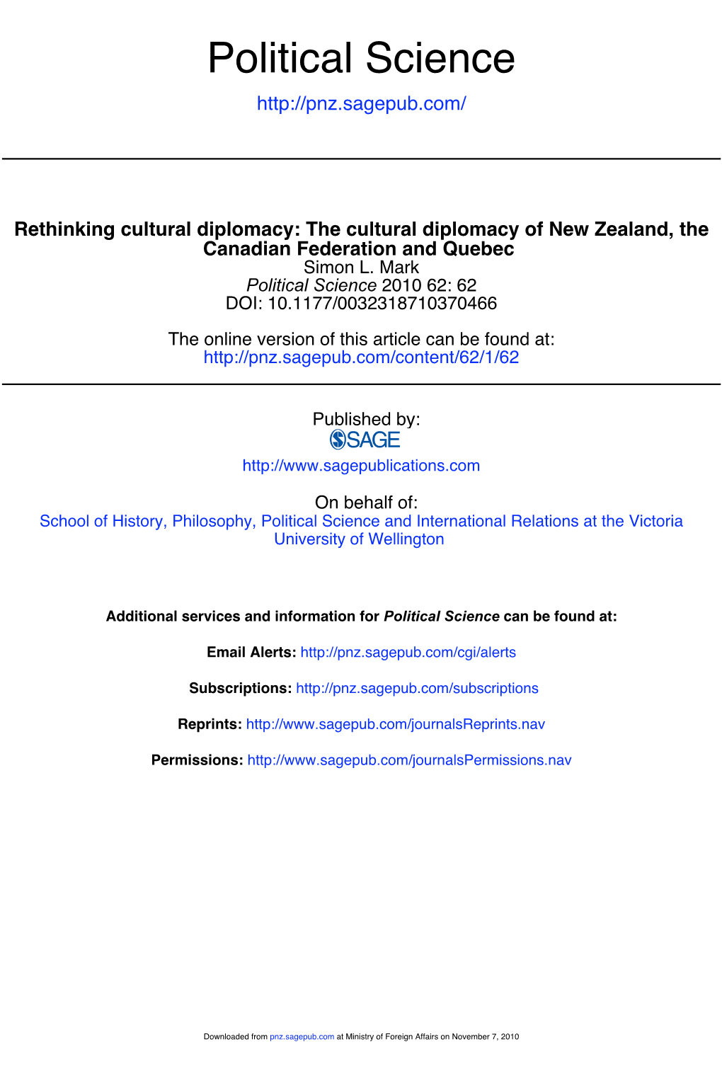 Rethinking Cultural Diplomacy: the Cultural Diplomacy of New Zealand, the Canadian Federation and Quebec Simon L